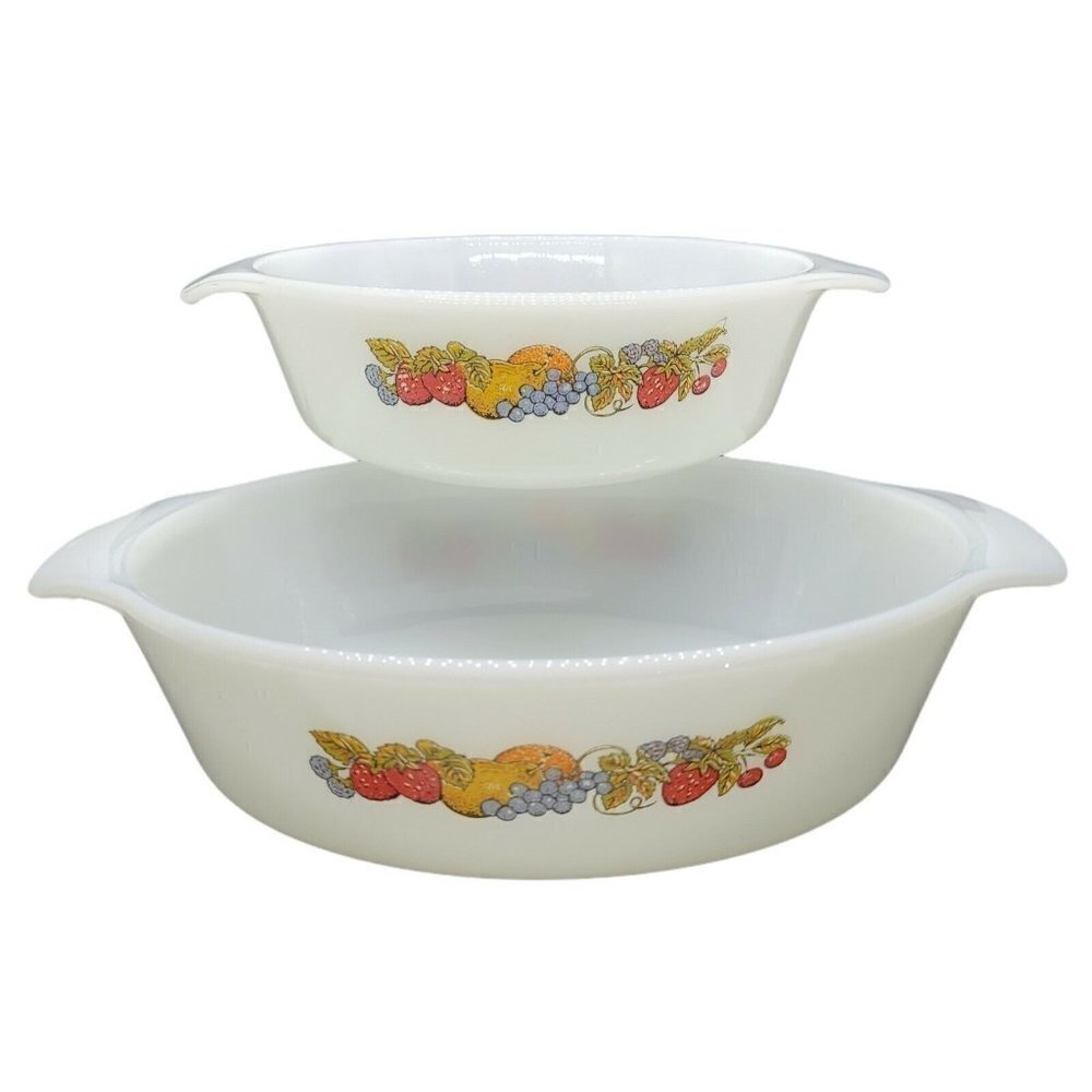 2 Vintage Anchor Hocking Fire King Casserole Dish Nature's Bounty Fruit Pattern